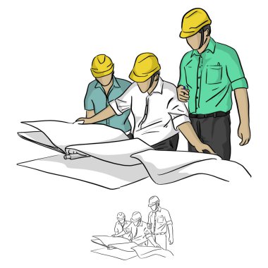 üç inşaat mühendisi inşaat sitesi vektör illüstrasyon kroki doodle elle izole beyaz arka plan üzerinde siyah çizgilerle çizilmiş planı bakarak