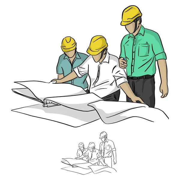 Tre Byggnadsingenjör Tittar Plan Konstruktion Webbplats Vektor Illustration Skiss Doodle — Stock vektor