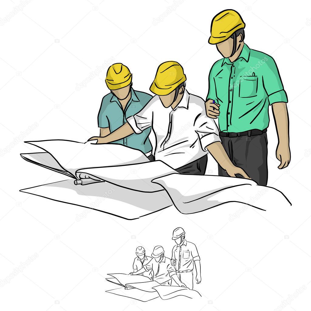 three construction engineer looking at blueprint  in construction site vector illustration sketch doodle hand drawn with black lines isolated on white background