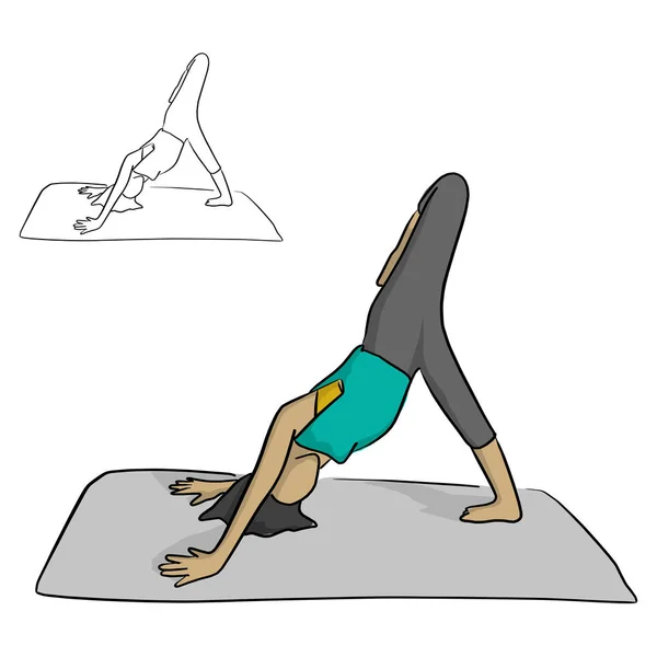 Femme Pratiquant Yoga Sur Tapis Gris Vecteur Illustration Croquis Gribouille — Image vectorielle