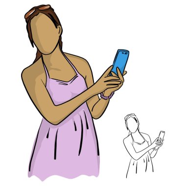 kadın pembe holding ve hareket eden telefon vektör çizim kullanarak doodle elle izole beyaz arka plan üzerinde siyah çizgilerle çizilmiş kroki