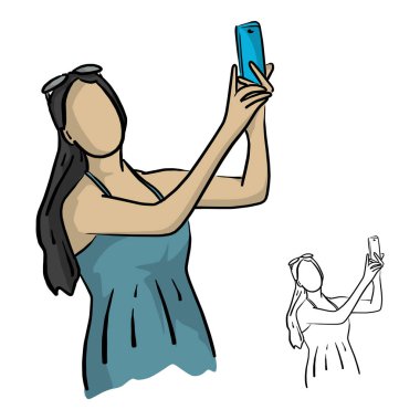 Trendy kadın güneş gözlüğü ile doodle elle izole beyaz arka plan üzerinde siyah çizgilerle çizilmiş kroki selfie fotoğraf vektör çizim yapma