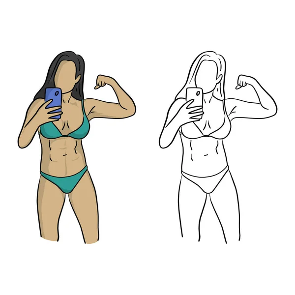 Gezonde Vrouw Met Bikini Nemen Selfie Vector Illustratie Schets Doodle — Stockvector