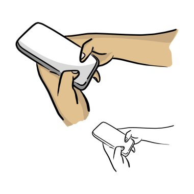 yakın çekim el cep telefonu vektör illüstrasyon kroki doodle elle çizilmiş izole beyaz arka plan üzerinde siyah çizgiler ile kullanma
