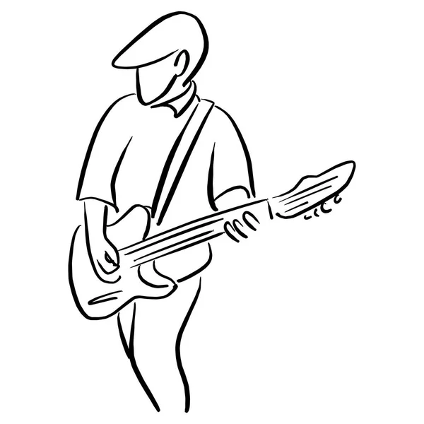 男子与电吉他向量例证素描涂鸦手画黑色线条查出白色背景 — 图库矢量图片