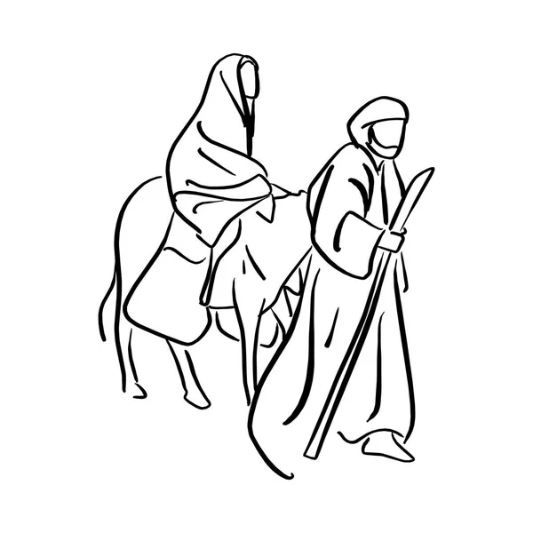 ベクトル図を滞在するには マリアとヨセフ クリスマスイブの探索場所にロバとデザートで白い背景で隔離の黒い線で描かれた落書きの手をスケッチします — ストックベクタ