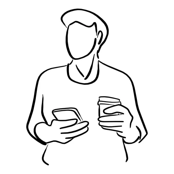 男保持大きなテイクアウト コーヒーや携帯電話ベクトル イラスト スケッチ白い背景で隔離の黒い線で描かれた落書きの手 — ストックベクタ
