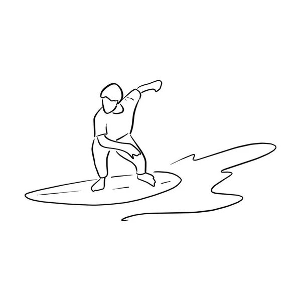 男性波ベクトル イラスト スケッチ落書き手が白い背景で隔離の黒い線で描かれたサーフボードを再生 — ストックベクタ