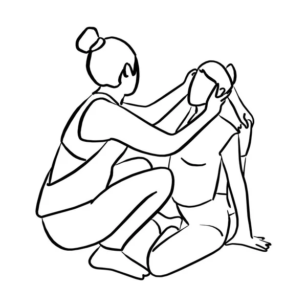 Mujer Haciendo Yoga Con Ilustración Vectorial Instructor Bosquejo Garabato Dibujado — Vector de stock