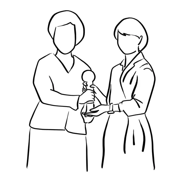 Two Businesswomen Holding Trophy Together Vector Illustration Sketch Doodle Hand — Stock Vector