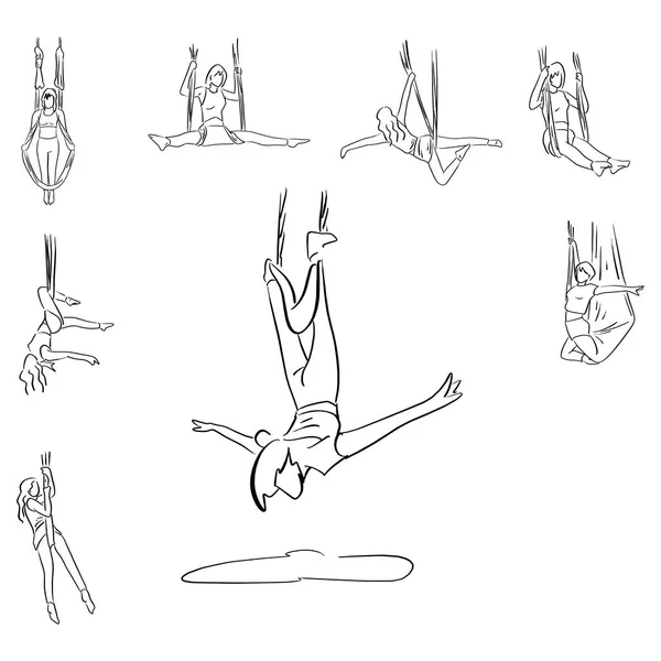 Conjunto Ilustración Vectorial Yoga Aéreo Bosquejo Garabato Dibujado Mano Con — Archivo Imágenes Vectoriales