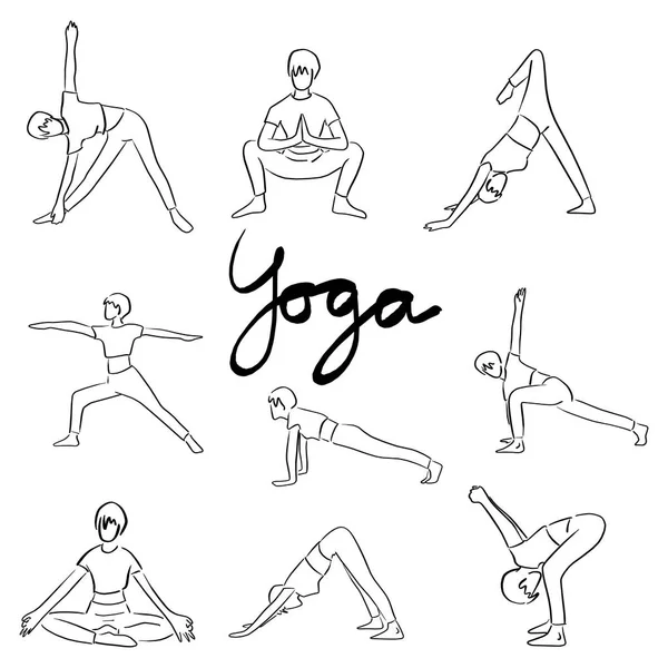 Ensemble Yoga Avec Des Femmes Dans Différentes Poses Illustration Vectorielle — Image vectorielle