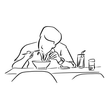 Adam el şehriye kase vektör çizim üzerinden yemek için yemek çubukları doodle elle izole beyaz arka plan üzerinde siyah çizgilerle çizilmiş kroki holding