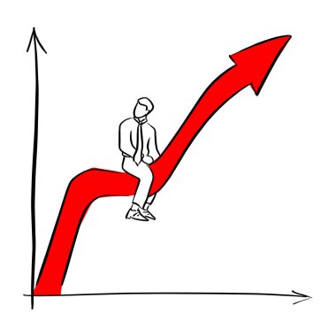 İşadamı binme kırmızı başarı ok grafik vektör illüstrasyon kroki elle izole beyaz arka plan üzerinde siyah çizgilerle çizilmiş doodle