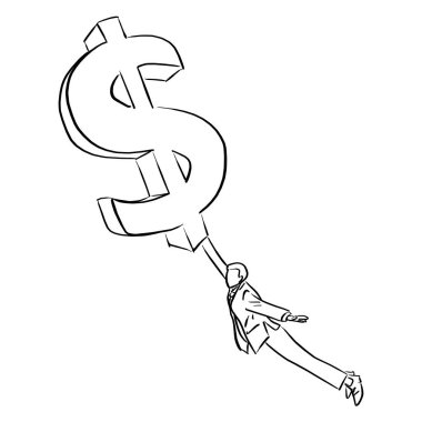 uçan büyük dolar işareti vektör çizim yakalamak işadamı doodle elle izole beyaz arka plan üzerinde siyah çizgilerle çizilmiş kroki