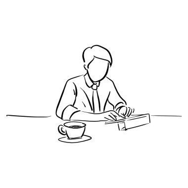 taraftan izole beyaz arka plan üzerinde siyah çizgilerle çizilmiş Resepsiyon vektör illüstrasyon kroki doodle tabletiyle çalışma iş adamı
