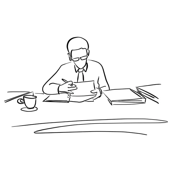 Hombre Negocios Con Gafas Trabajando Escritorio Ilustración Vectorial Garabato Dibujado — Vector de stock