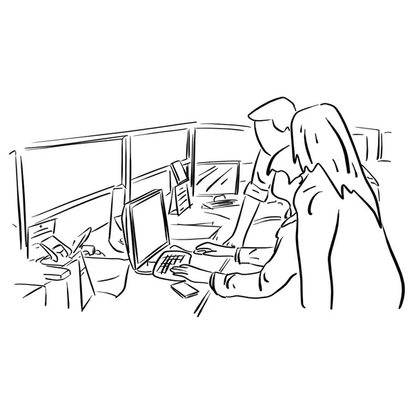Podnikatelé Práce Počítačem Týmu Vektorové Ilustrace Skica Doodle Ručně Kreslenou — Stockový vektor