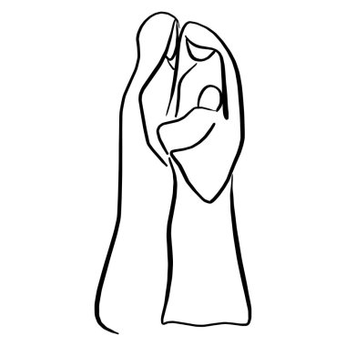 Noel nativity hikaye ile Kutsal Aile vektör illüstrasyon kroki doodle elle izole beyaz arka plan üzerinde siyah çizgilerle çizilmiş. 