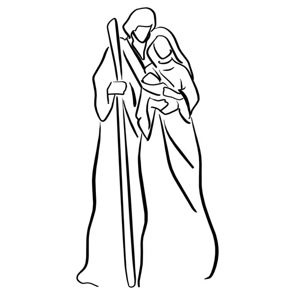 赤ん坊のイエスのキリスト降誕のシーン マリアとヨセフのベクトル イラスト スケッチ落書き手白い背景で隔離の黒い線で描かれました — ストックベクタ
