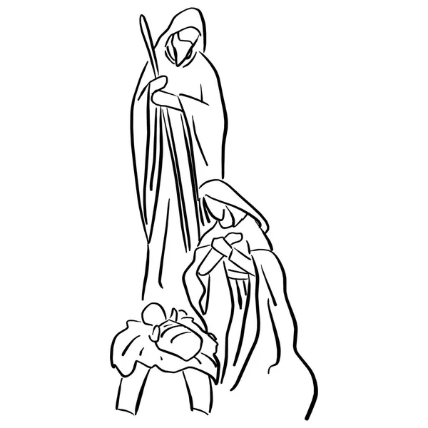 圣诞节基督徒耶稣诞生在婴孩耶稣的场面在马槽与玛丽和约瑟夫向量例证画涂鸦手画与黑线查出在白色背景 — 图库矢量图片