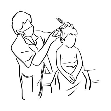 küçük çocuk çocuklar berber vektör illüstrasyon kroki doodle elle izole beyaz arka plan üzerinde siyah çizgilerle çizilmiş saç kesimi varmak