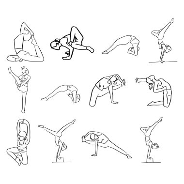 farklı pozlar vektör illüstrasyon kroki doodle elle izole beyaz arka plan üzerinde siyah çizgilerle çizilmiş yoga yapıyor kadınlar kümesi