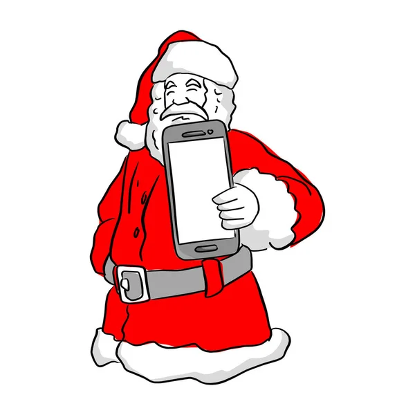Santa Claus Sosteniendo Teléfono Móvil Vector Ilustración Bosquejo Garabato Mano — Vector de stock