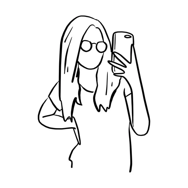 Mujer Con Gafas Tomar Fotos Con Teléfono Móvil Vector Ilustración — Archivo Imágenes Vectoriales