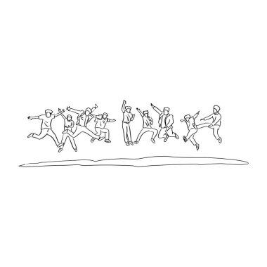 iş adamları birlikte vektör çizim atlama doodle elle izole beyaz arka plan üzerinde siyah çizgilerle çizilmiş kroki. Ekip çalışması kavramı.