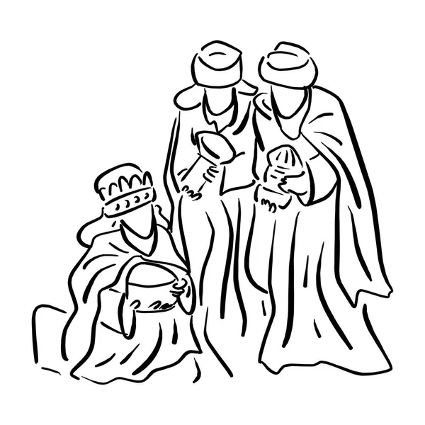 Három Napkeleti Bölcs Hozza Ajándékok Hogy Jézus Vektoros Illusztráció Vázlatot — Stock Vector