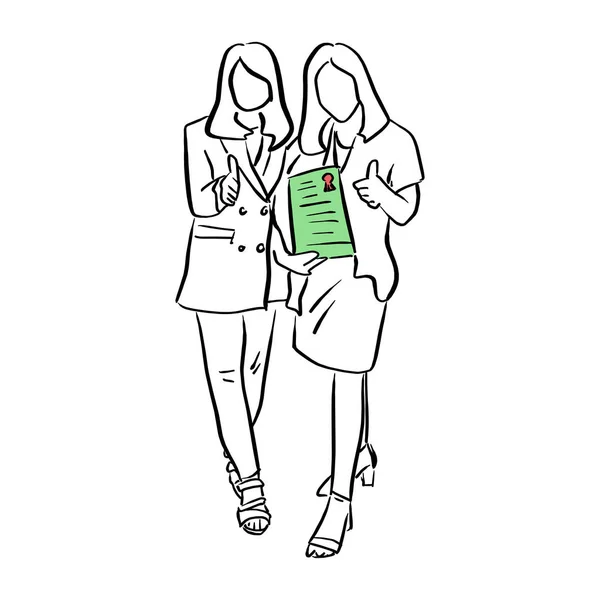 Two Businesswomen Holding Green Diploma Certificate Vector Illustration Sketch Doodle — Stock Vector