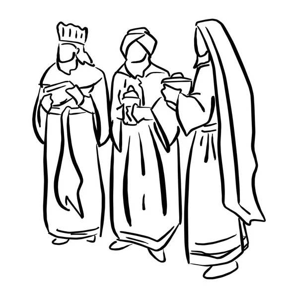 Üç kutsal kral illüstrasyon kroki doodle elle izole beyaz arka plan üzerinde siyah çizgilerle çizilmiş vektör