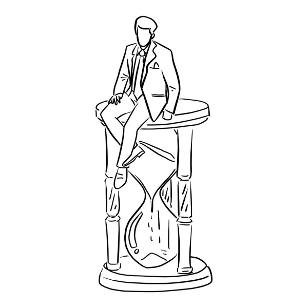 Бізнесмен Сидить Великому Годиннику Векторні Ілюстрації Ескіз Каракуля Рука Намальована — стоковий вектор