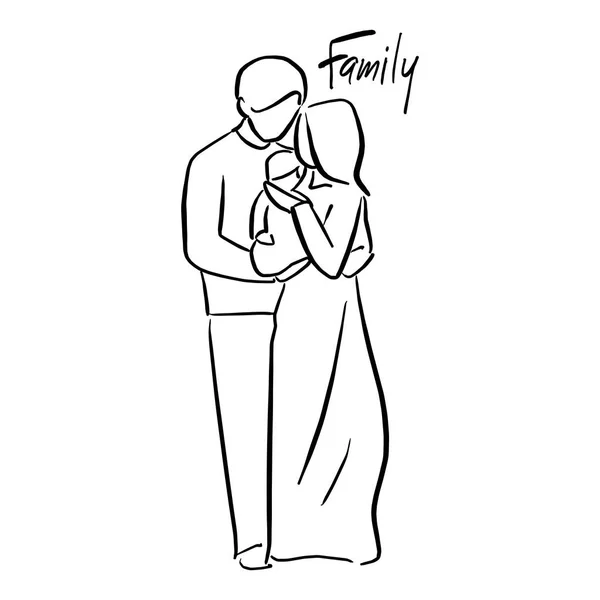 父と母 赤ちゃんのベクトル図を保持している白い背景で隔離の黒い線で描かれた落書きの手をスケッチします — ストックベクタ