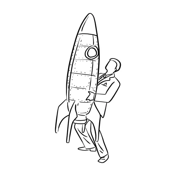 Businessman Holding Big Rocket Vector Illustration Sketch Doodle Hand Drawn — Stock Vector