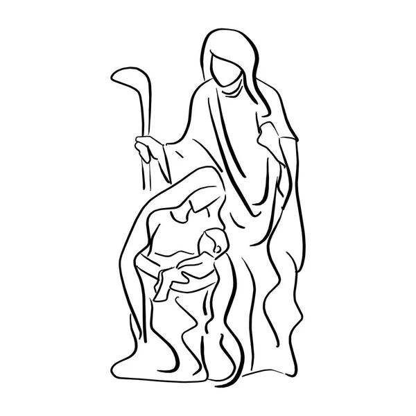 メアリー ベクトル図の腕で赤ちゃんのイエスのキリスト降誕のシーンを白い背景で隔離の黒い線で描かれた落書き手をスケッチします — ストックベクタ