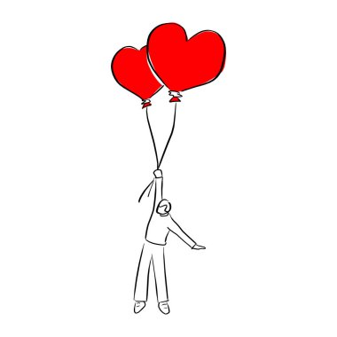 iki kalp şekli balonlar Sevgililer günü vektör illüstrasyon kroki için elle izole beyaz arka plan üzerinde siyah çizgilerle çizilmiş doodle tutan genç adam