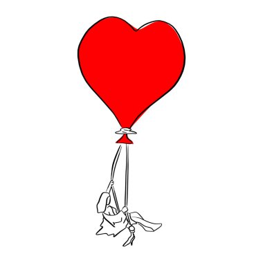 Kırmızı kalp şekli balon vektör illüstrasyon kroki doodle elle izole beyaz arka plan üzerinde siyah çizgilerle çizilmiş ipler ile log üzerinde oturan kadın