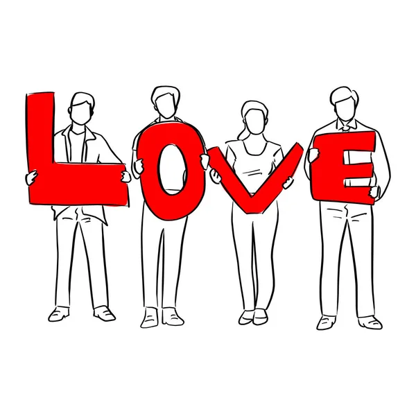 Cuatro Personas Sosteniendo Mensaje Amor Rojo Signo Vector Ilustración Boceto — Archivo Imágenes Vectoriales