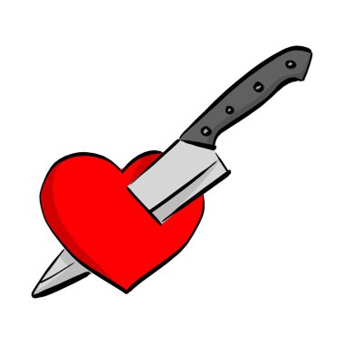 bıçak bıçak kırmızı kalp şekli vektör illüstrasyon kroki doodle elle izole beyaz arka plan üzerinde siyah çizgilerle çizilmiş
