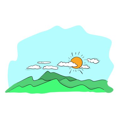 manzara moubtain ve güneş vektör illüstrasyon kroki doodle el ile izole beyaz arka plan üzerinde siyah çizgiler çizilmiş