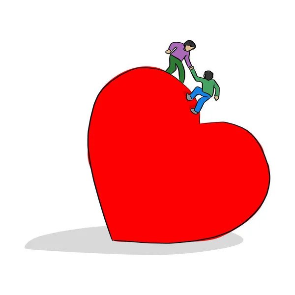Adam Büyük Kırmızı Kalp Şekli Vektör Illüstrasyon Kroki Doodle Elle — Stok Vektör