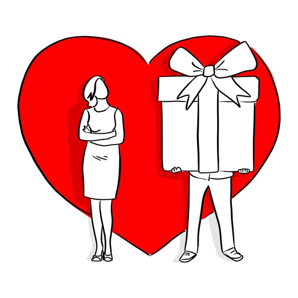 Homme Donnant Grand Cadeau Son Amant Dans Fond Coeur Rouge — Image vectorielle