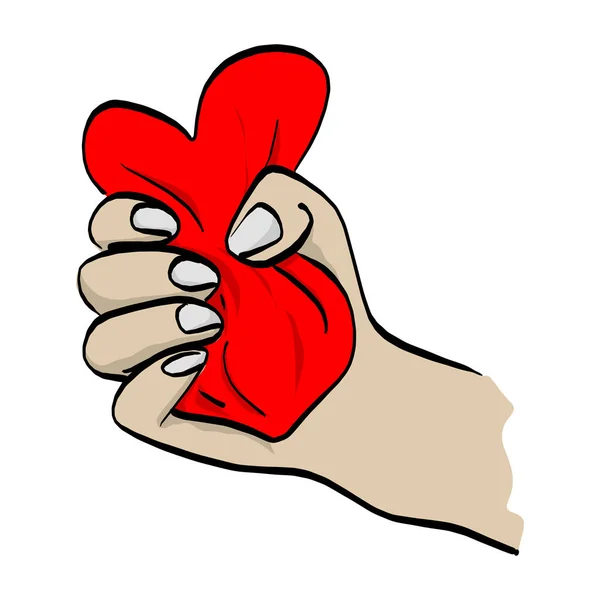 Mano Apretando Rojo Corazón Forma Vector Ilustración Boceto Garabato Mano — Vector de stock