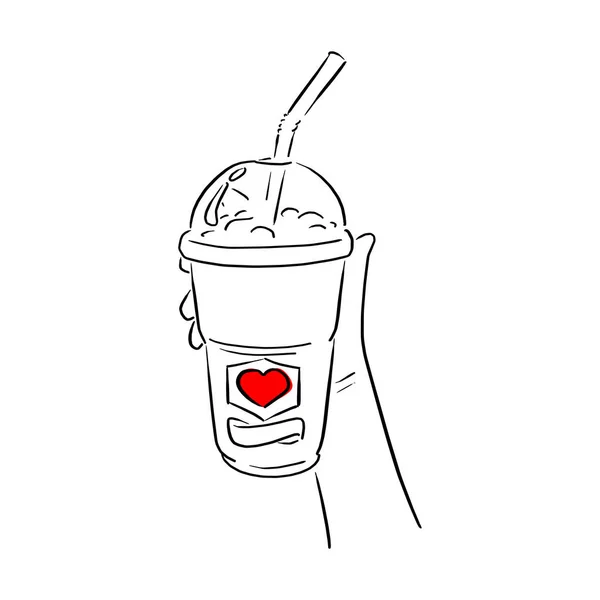 Hand Holding Cold Takeaway Coffee Red Heart Sign Vector Illustration — ストックベクタ