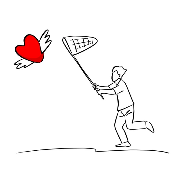 Kırmızı Kalp Şekli Işareti Ile Kanatları Vektör Illüstrasyon Kroki Doodle — Stok Vektör