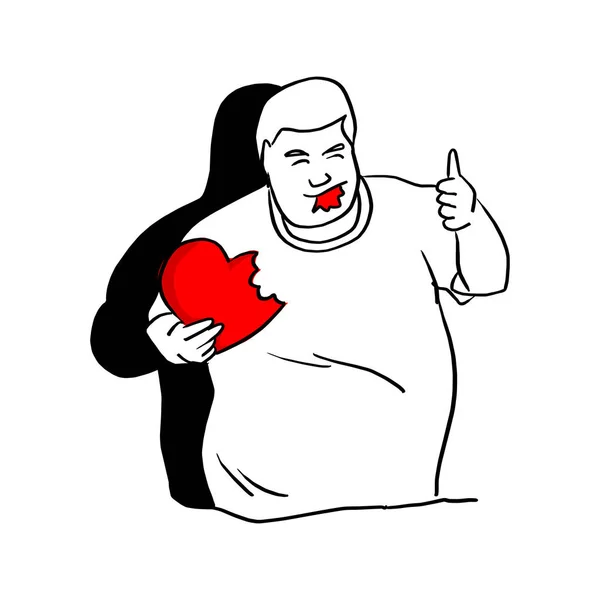 Hombre Gordo Comiendo Rojo Corazón Forma Signo Vector Ilustración Boceto — Archivo Imágenes Vectoriales