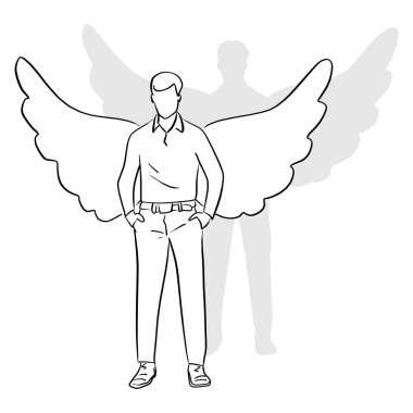 adam beyaz arka plan üzerinde izole siyah çizgilerle çizilmiş arka vektör illüstrasyon kroki doodle elinde kanatlı ayakta tam uzunlukta