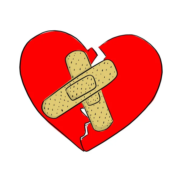 Coeur Brisé Avec Illustration Vectorielle Bandage Croquis Gribouillage Dessiné Main — Image vectorielle